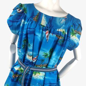Vintage 1970s Hawaiian Maxi Dress Muumuu Sailboats Palm Trees Sapphire Blue Slin